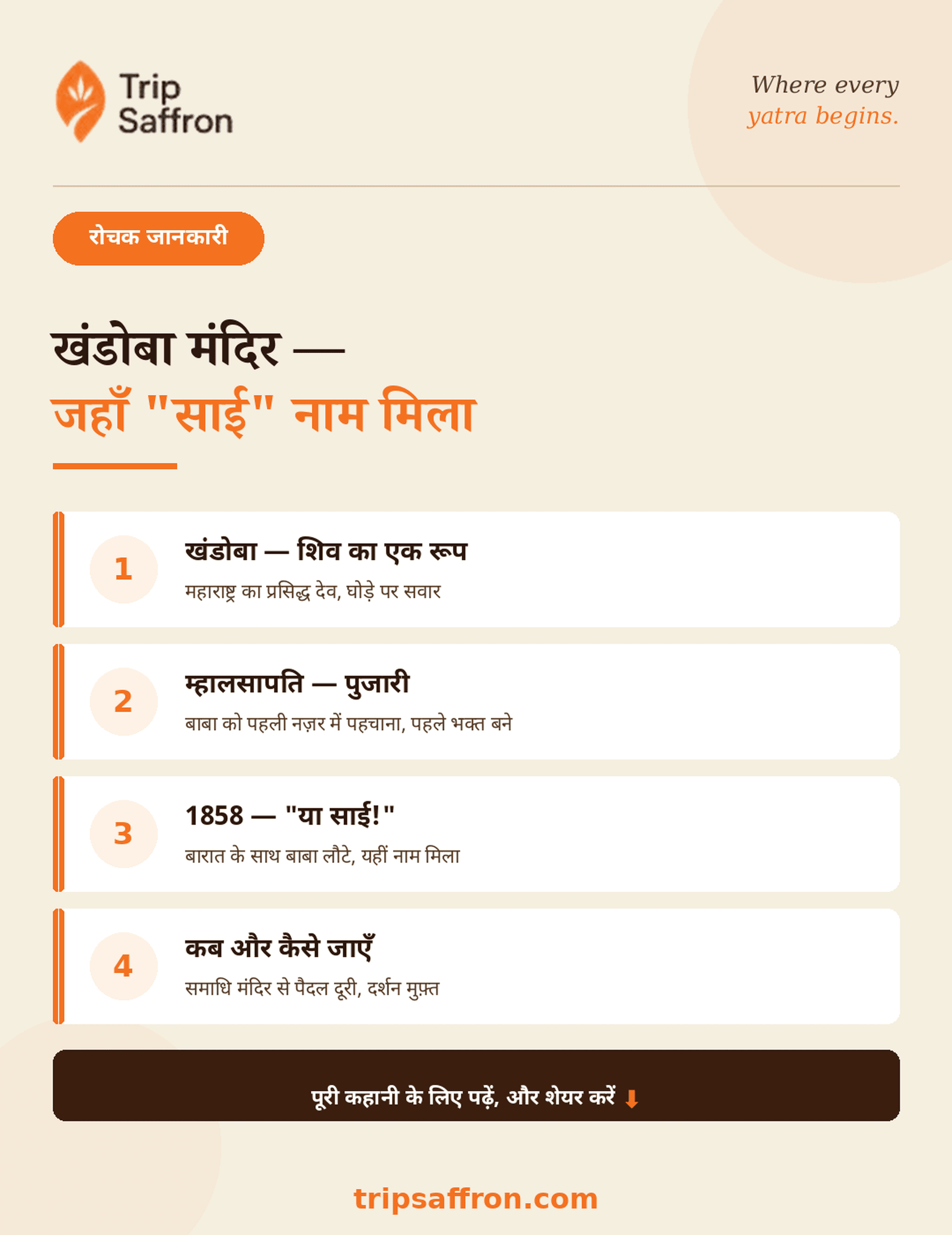 खंडोबा मंदिर, शिर्डी — जिथे पुजारी म्हाळसापतींनी 1858 मध्ये बाबांना पहिल्यांदा "साई" म्हटलं (TripSaffron)